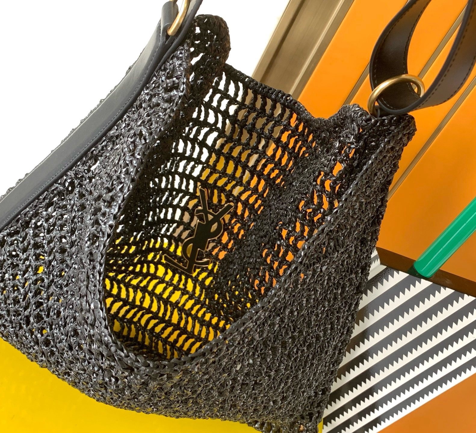 Saint Laurent Oxalis Shoulder Bag in Black Raffia