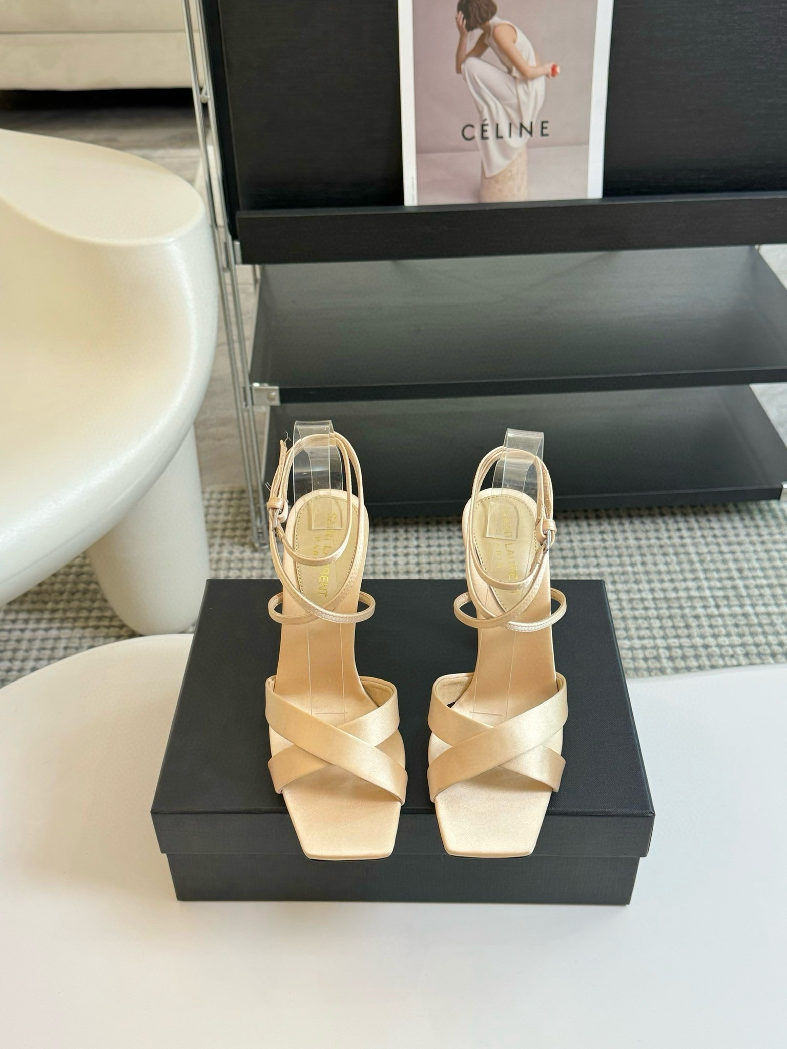 Saint Laurent Corinne Sandals 110mm in Beige Satin