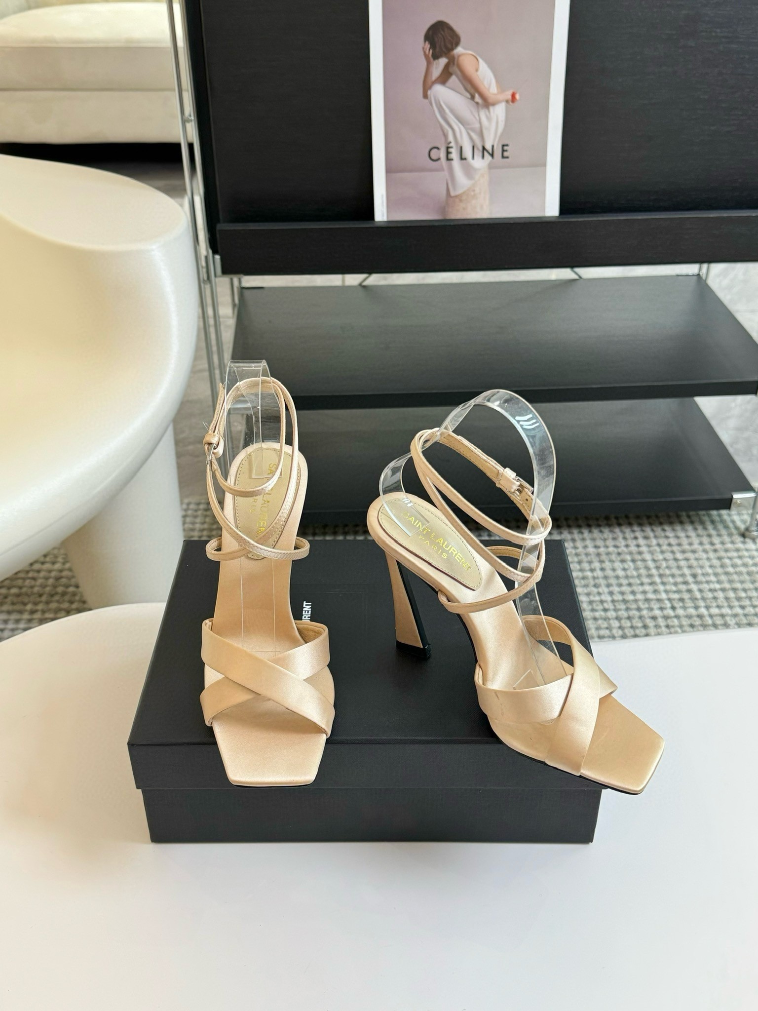 Saint Laurent Corinne Sandals 110mm in Beige Satin