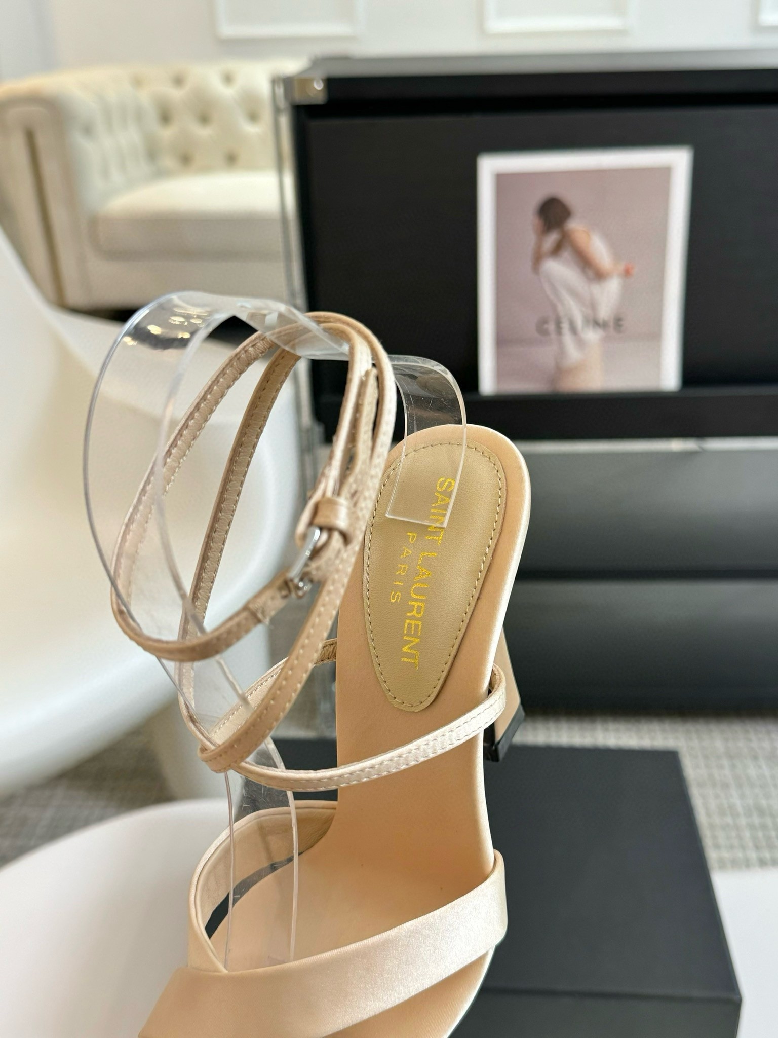 Saint Laurent Corinne Sandals 110mm in Beige Satin