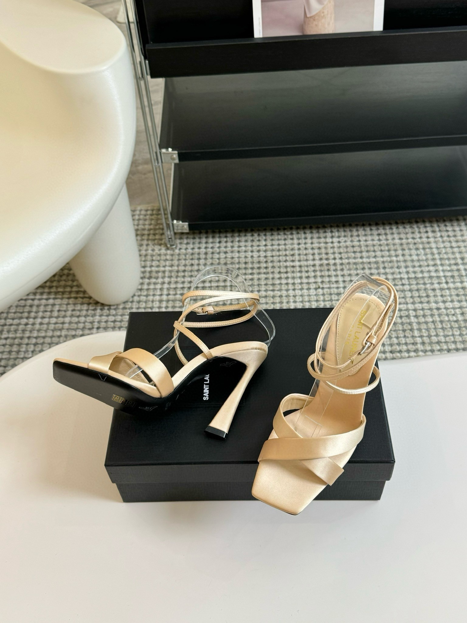 Saint Laurent Corinne Sandals 110mm in Beige Satin