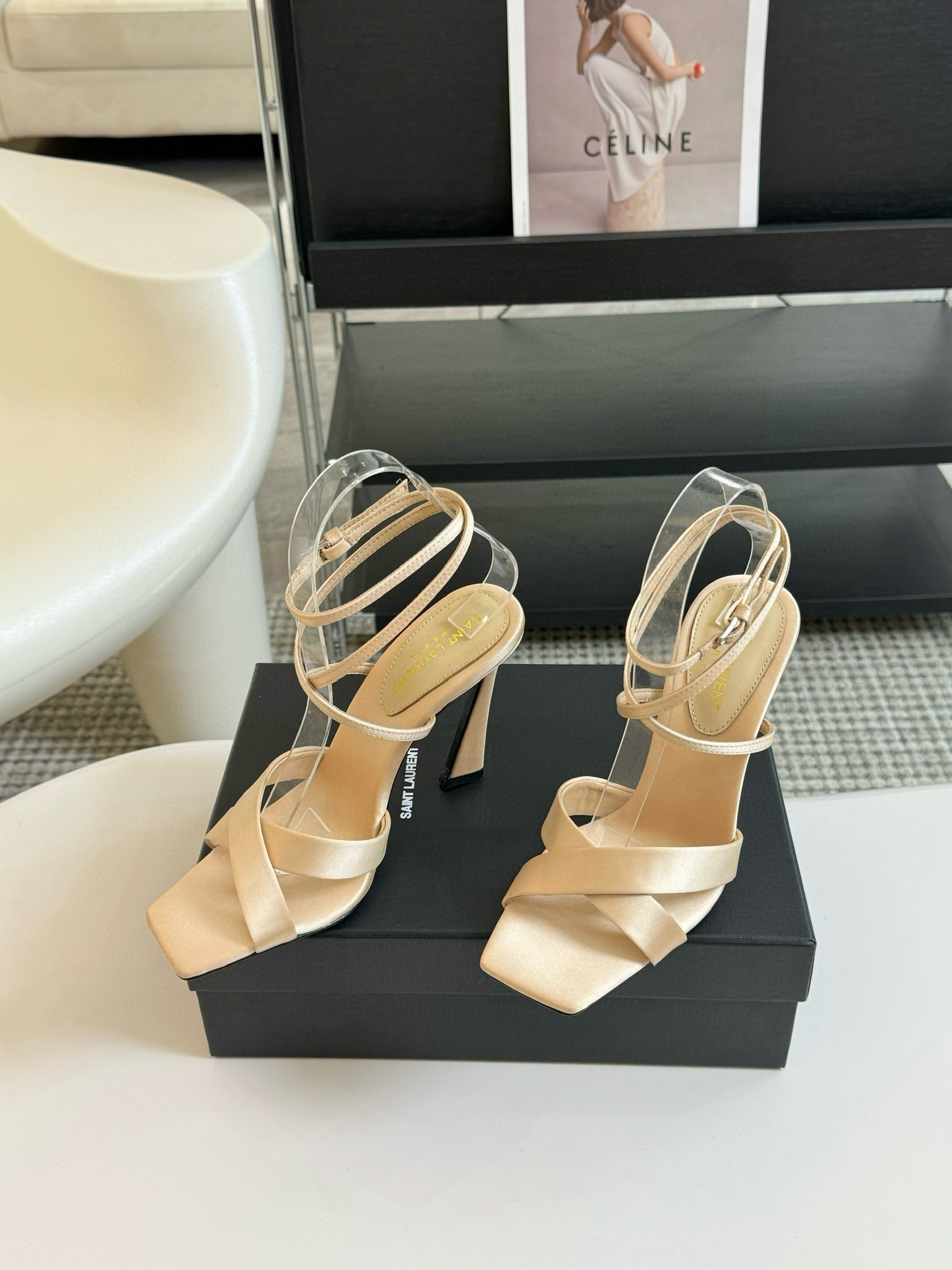 Saint Laurent Corinne Sandals 110mm in Beige Satin