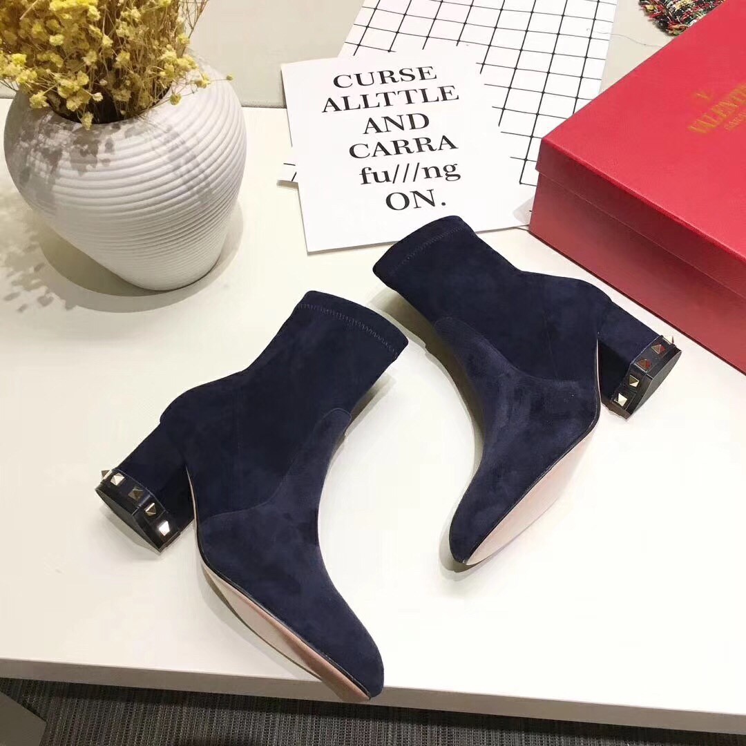 Valentino Dark Blue Stretch Suede 60mm Rockstud Bootie