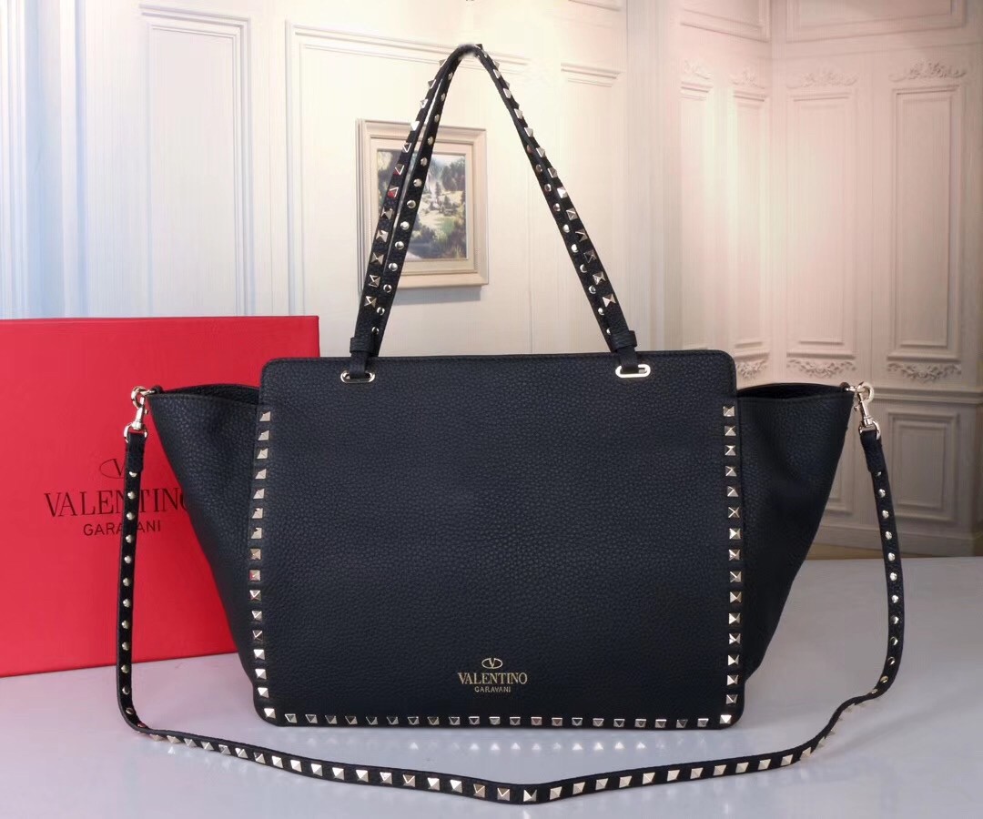 Valentino Medium Rockstud Tote In Black Grain Calfskin