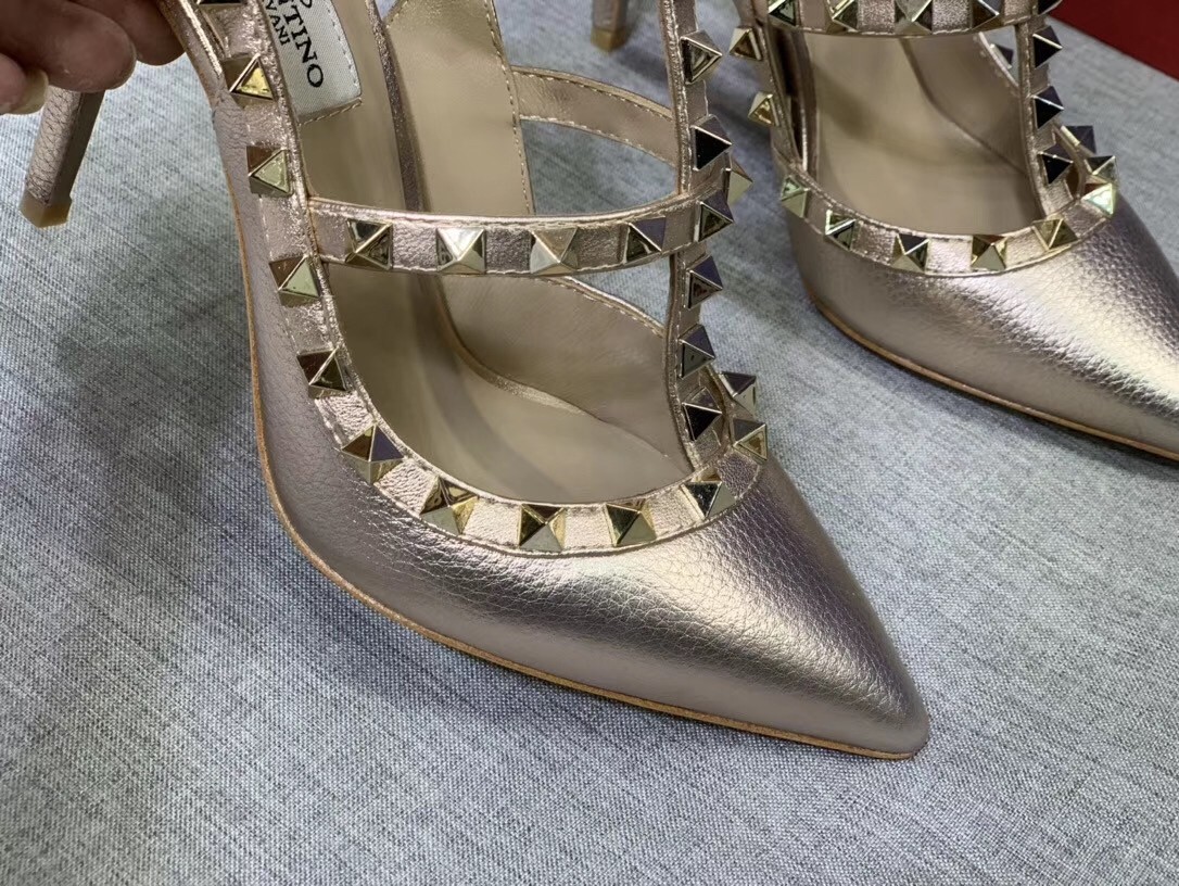 Valentino Rockstud Ankle Strap Pump 100mm In Gold Grainy Calfskin