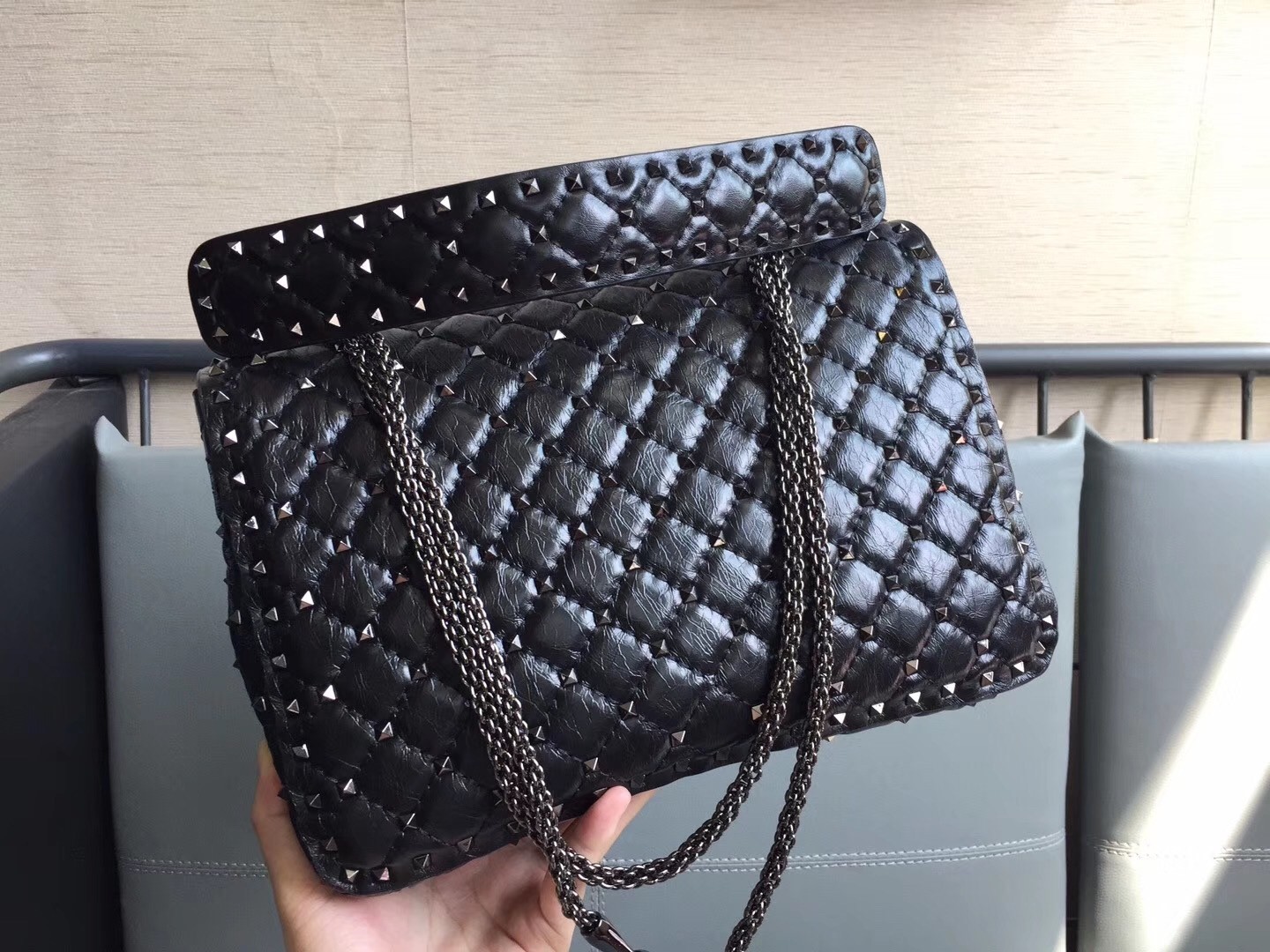 Valentino Large Crinkled Lambskin Rockstud Spike Shoulder Bag