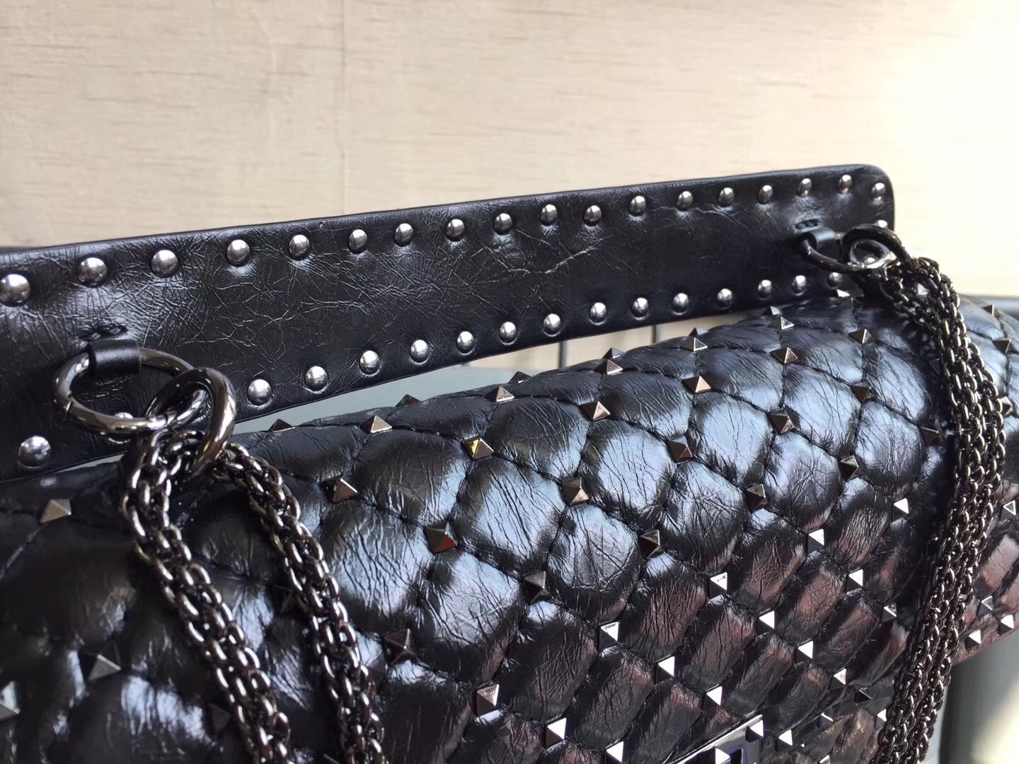 Valentino Large Crinkled Lambskin Rockstud Spike Shoulder Bag