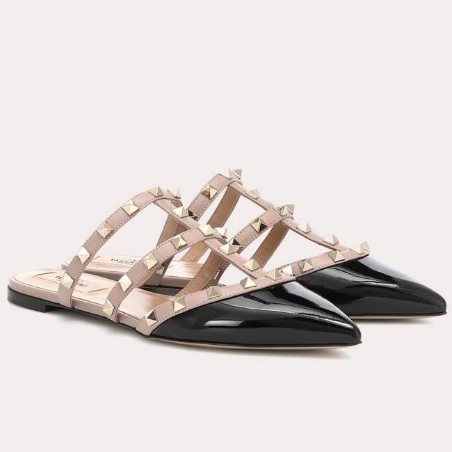 Valentino Rockstud Flat Mules In Black Patent Leather