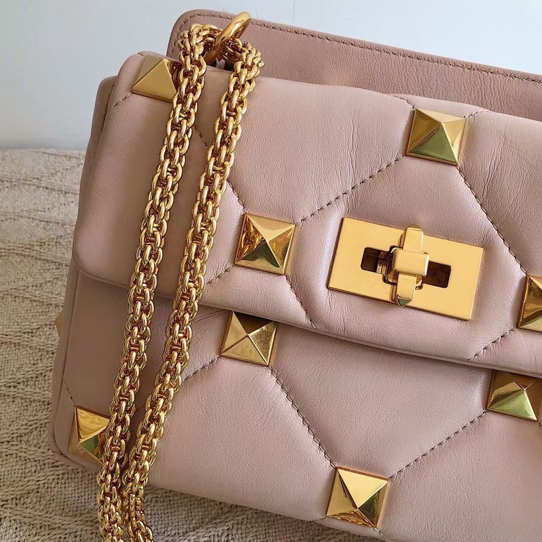 Valentino Medium Roman Stud Chain Bag In Pink Nappa