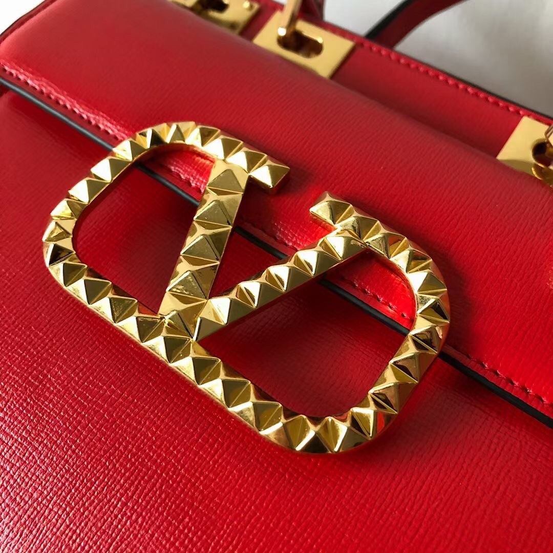 Valentino Medium Rockstud Alcove Top Handle Bag In Red Calfskin