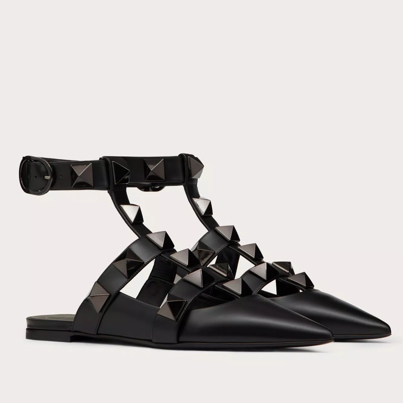 Valentino Roman Stud Ballet Flats In Black Calfskin with Tonal Studs