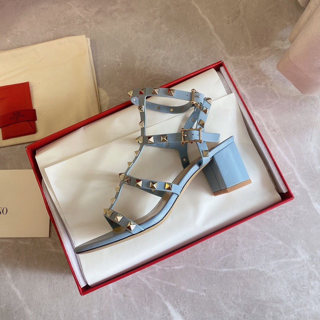 Valentino Rockstud Ankle Strap Sandals 60mm In Blue Calfskin