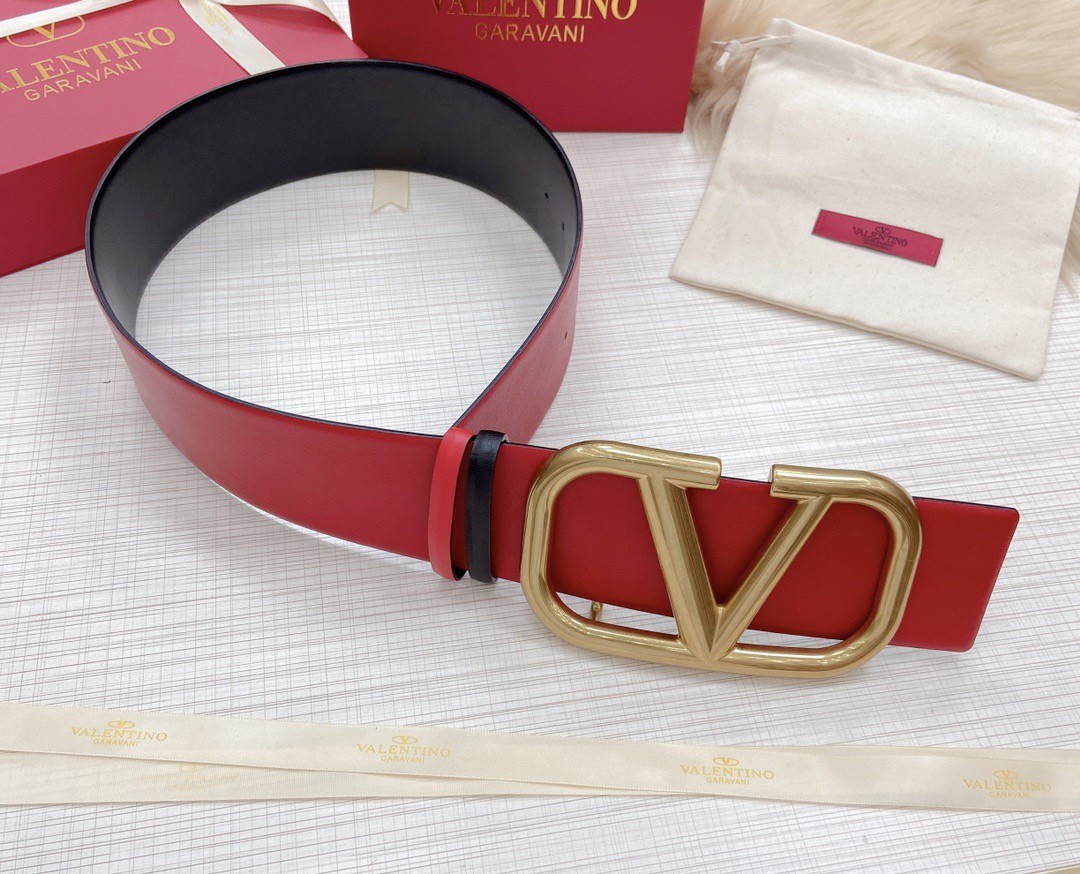 Valentino VLogo Reversible Belt 70mm in Black and Red Calfskin