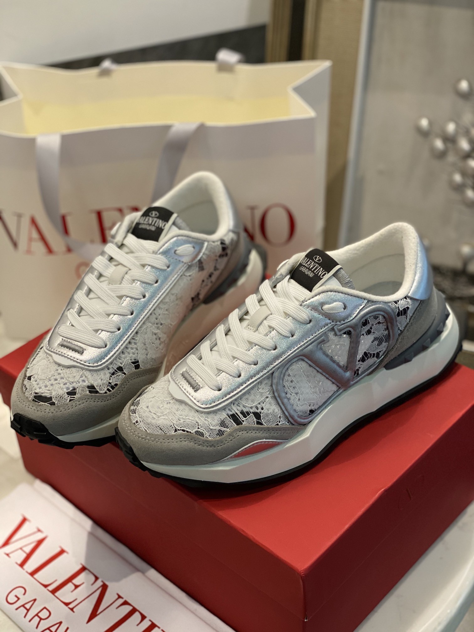 Valentino Women's Lacerunner Sneakers in White Lace and Mesh