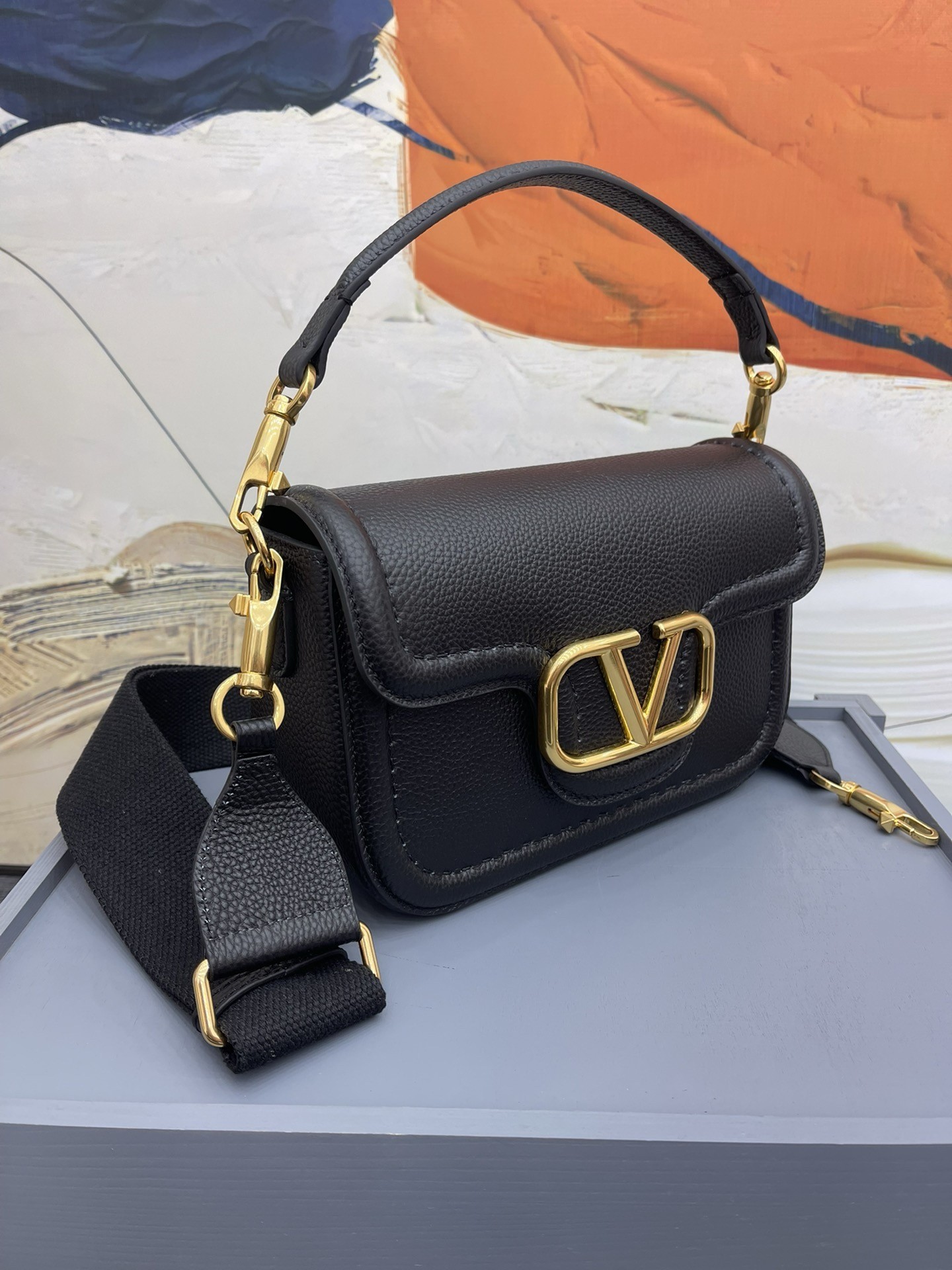 Valentino Alltime Shoulder Bag in Black Grained Leather