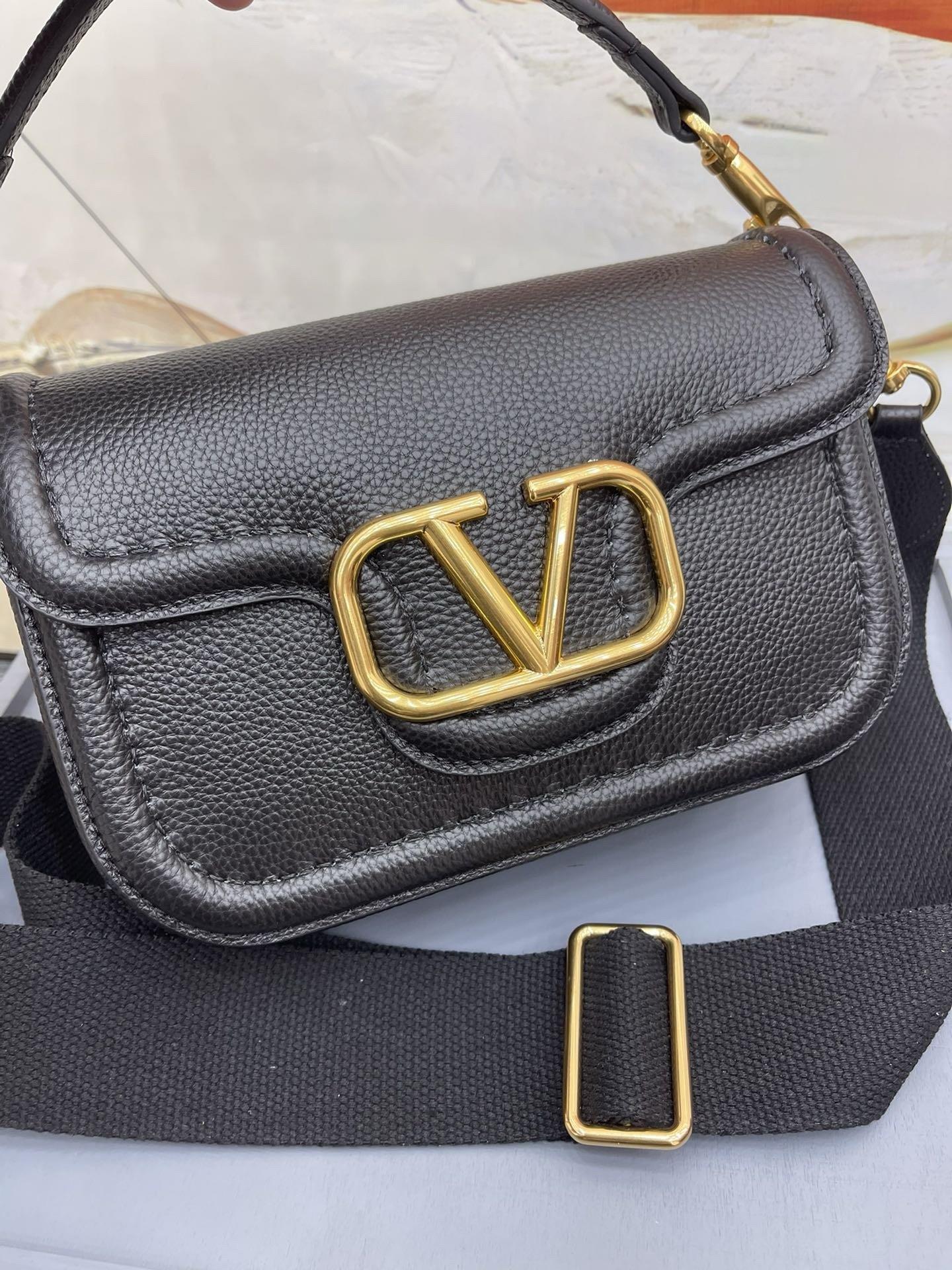 Valentino Alltime Shoulder Bag in Black Grained Leather