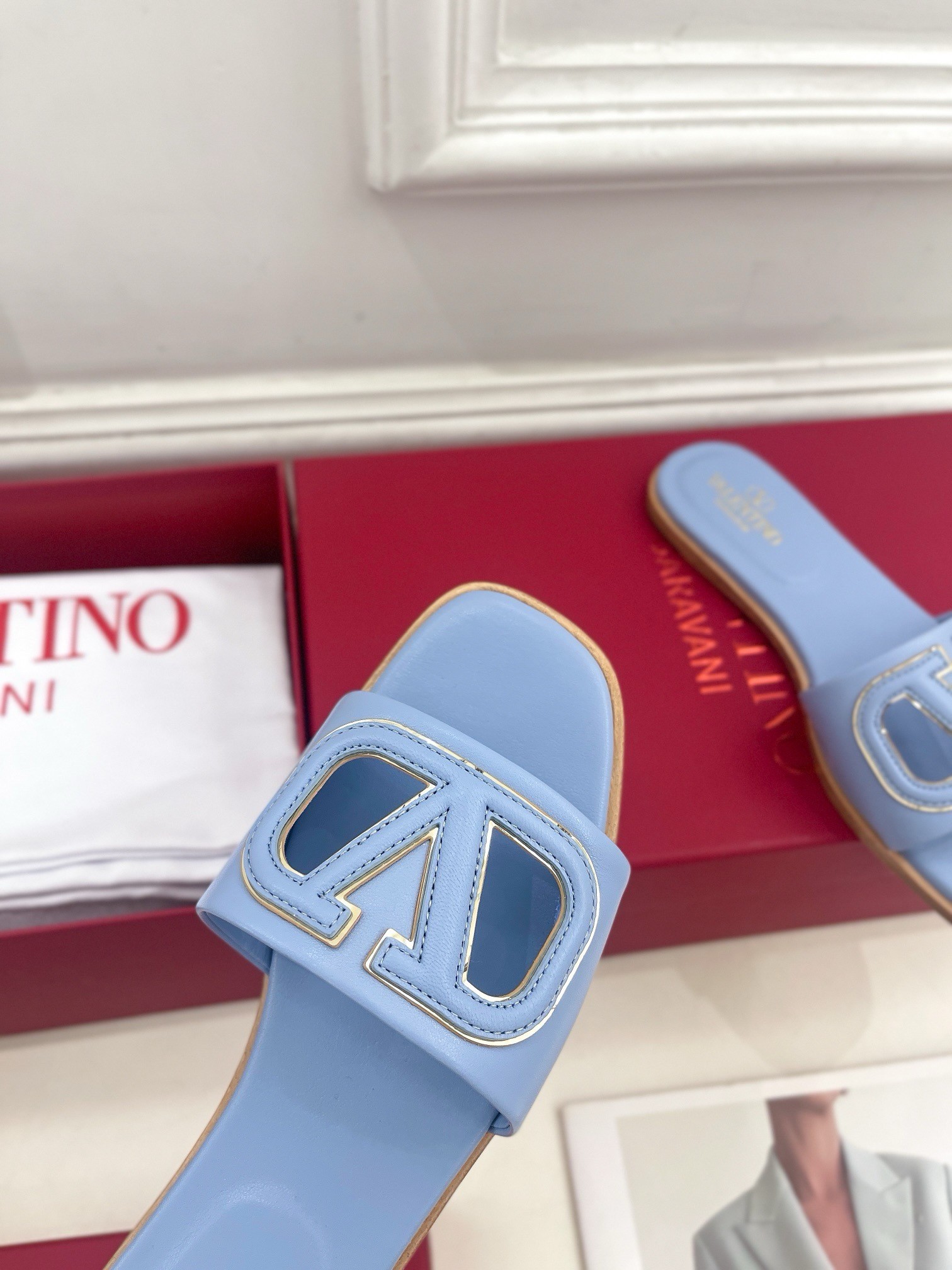 Valentino VLogo Cut-out Slide Sandals in Blue Leather