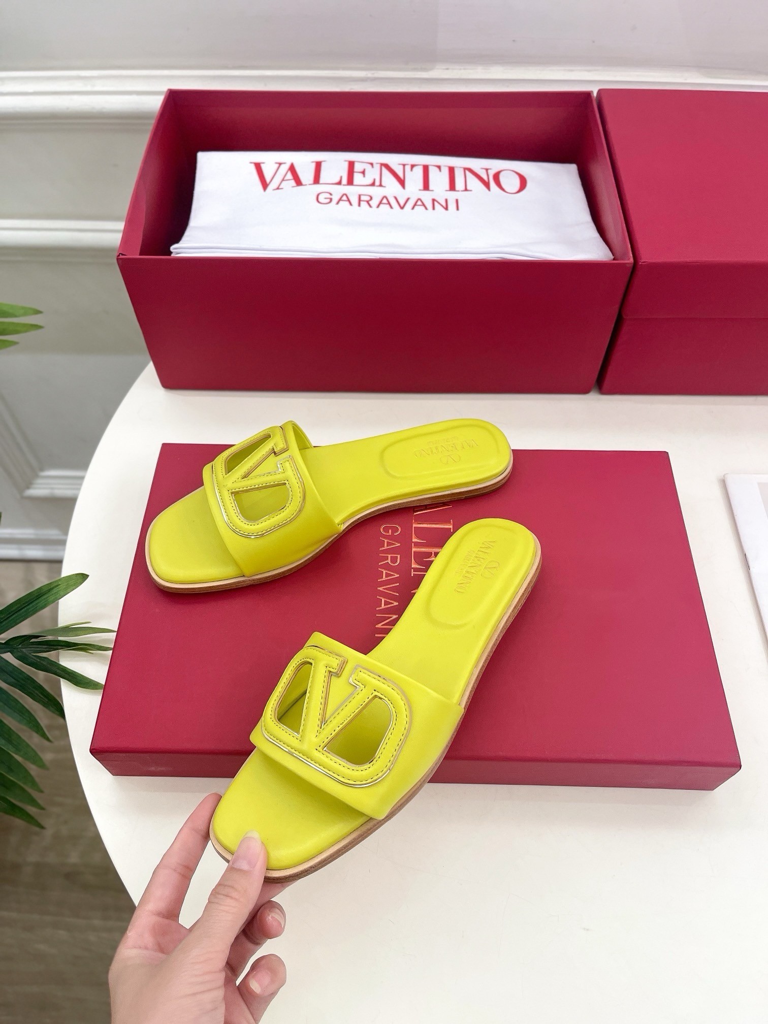 Valentino VLogo Cut-out Slide Sandals in Yellow Leather