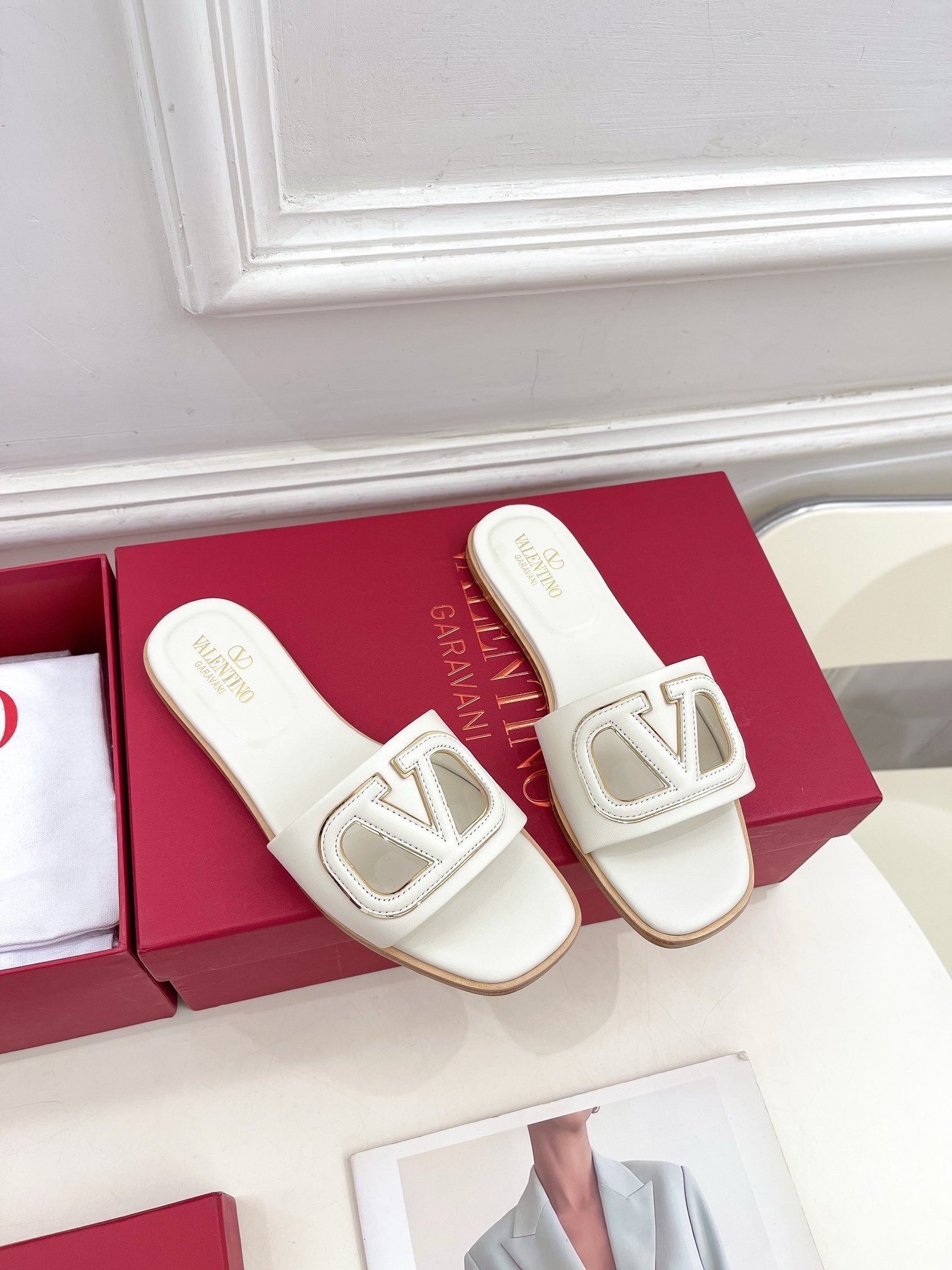 Valentino VLogo Cut-out Slide Sandals in White Leather