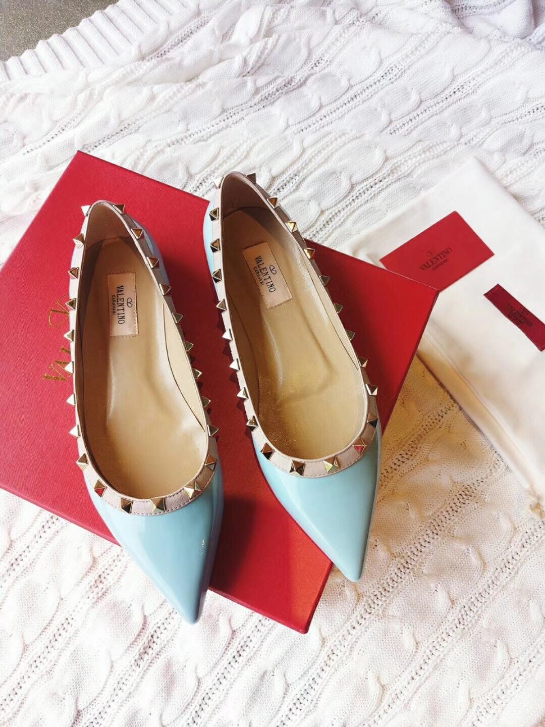 Valentino Garavani Ligh Blue Rockstud Ballerina Patent Flats