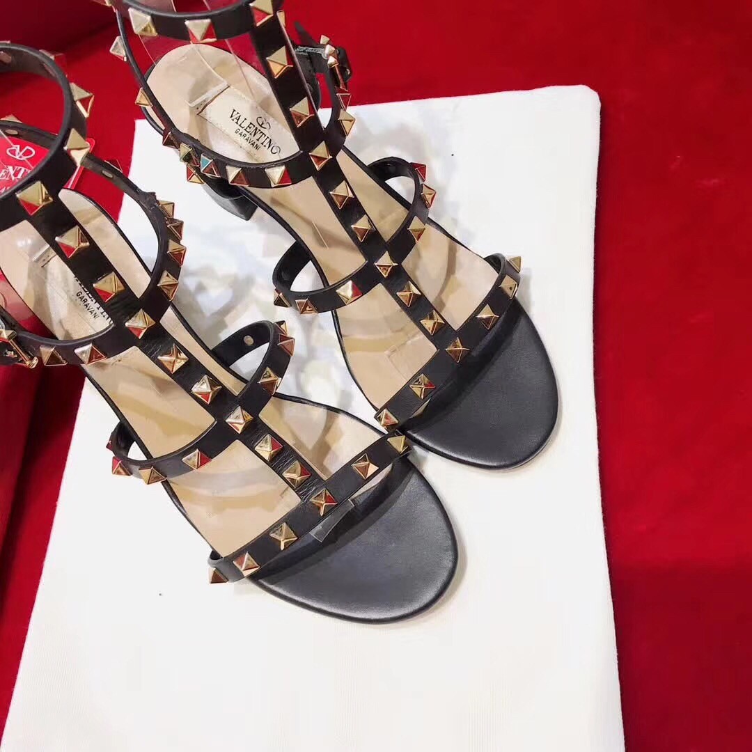 Valentino Black Rockstud Block Heel Cage Sandal