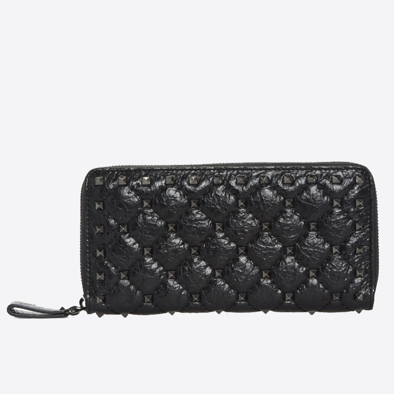 Valentino Rockstud Spike Zip Wallet In Black Lambskin