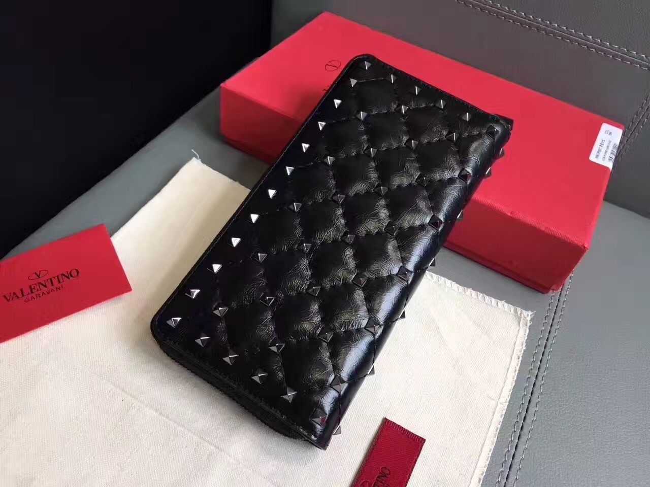 Valentino Rockstud Spike Zip Wallet In Black Lambskin