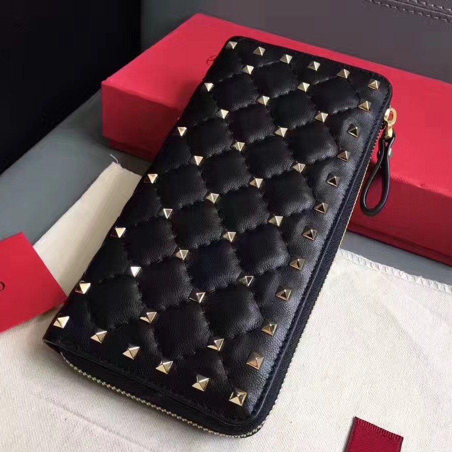 Valentino Rockstud Spike Zip Wallet In Noir Lambskin