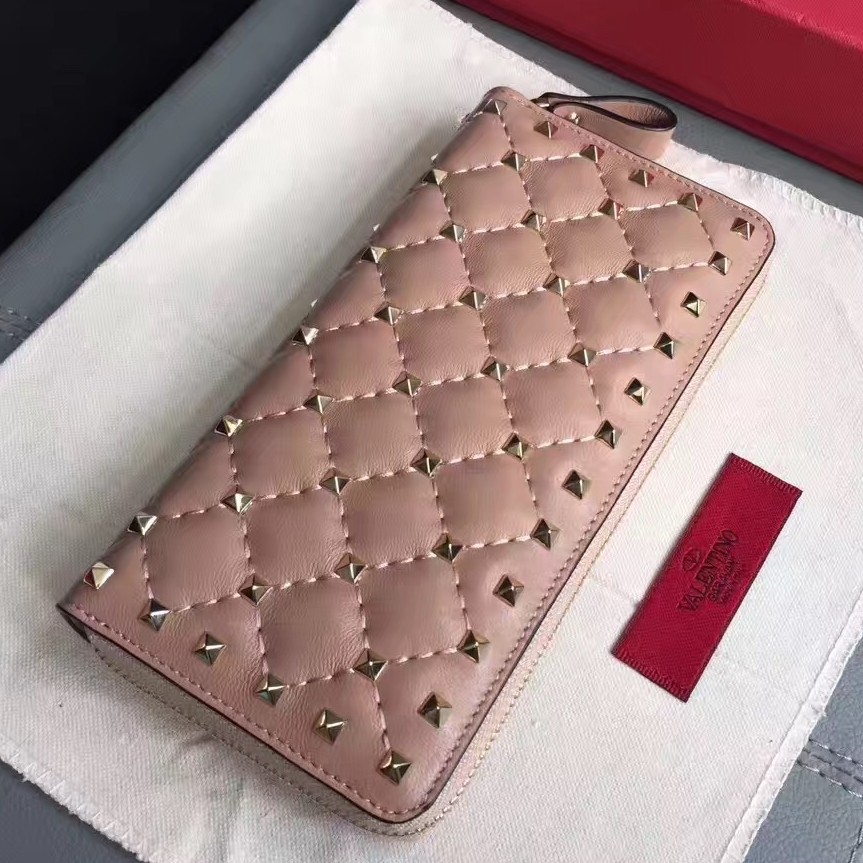 Valentino Rockstud Spike Zip Wallet In Pastel Pink Lambskin