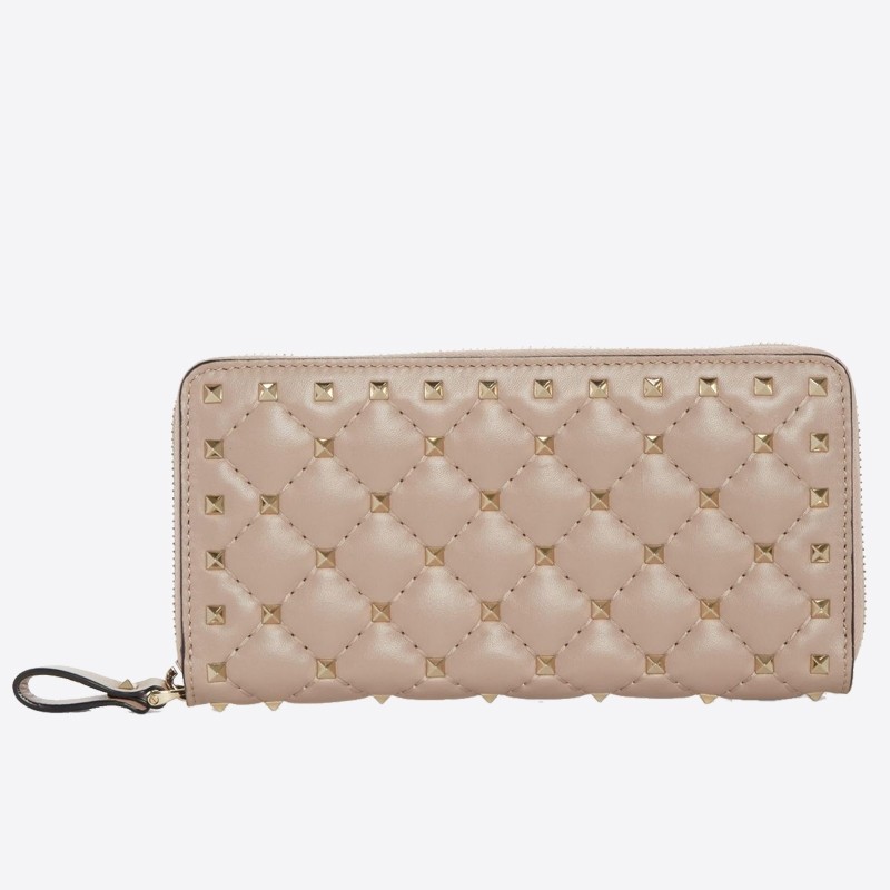 Valentino Rockstud Spike Zip Wallet In Pastel Pink Lambskin