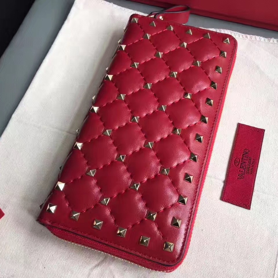 Valentino Rockstud Spike Zip Wallet In Red Lambskin