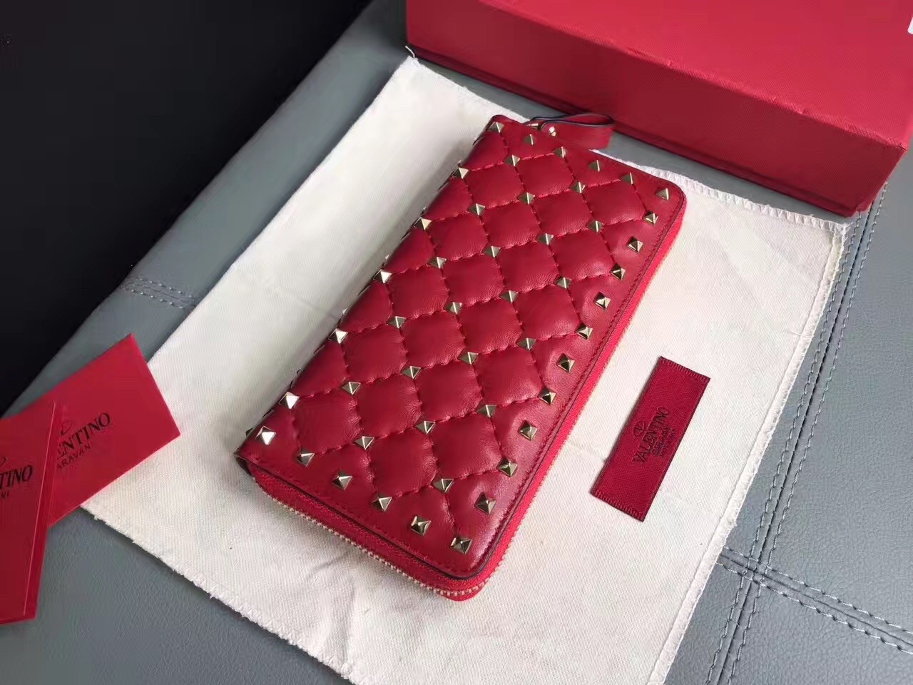 Valentino Rockstud Spike Zip Wallet In Red Lambskin