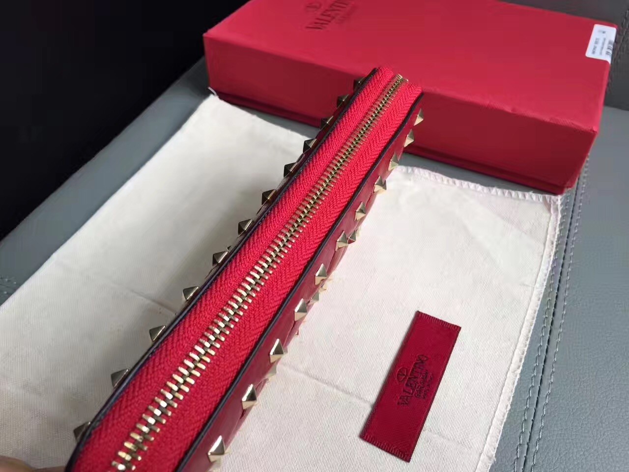 Valentino Rockstud Spike Zip Wallet In Red Lambskin