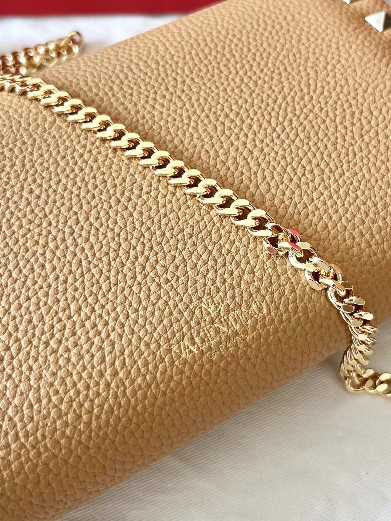 Valentino Rockstud Wallet with Chain in Beige Grained Leather