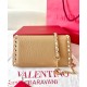 Valentino Rockstud Wallet with Chain in Beige Grained Leather