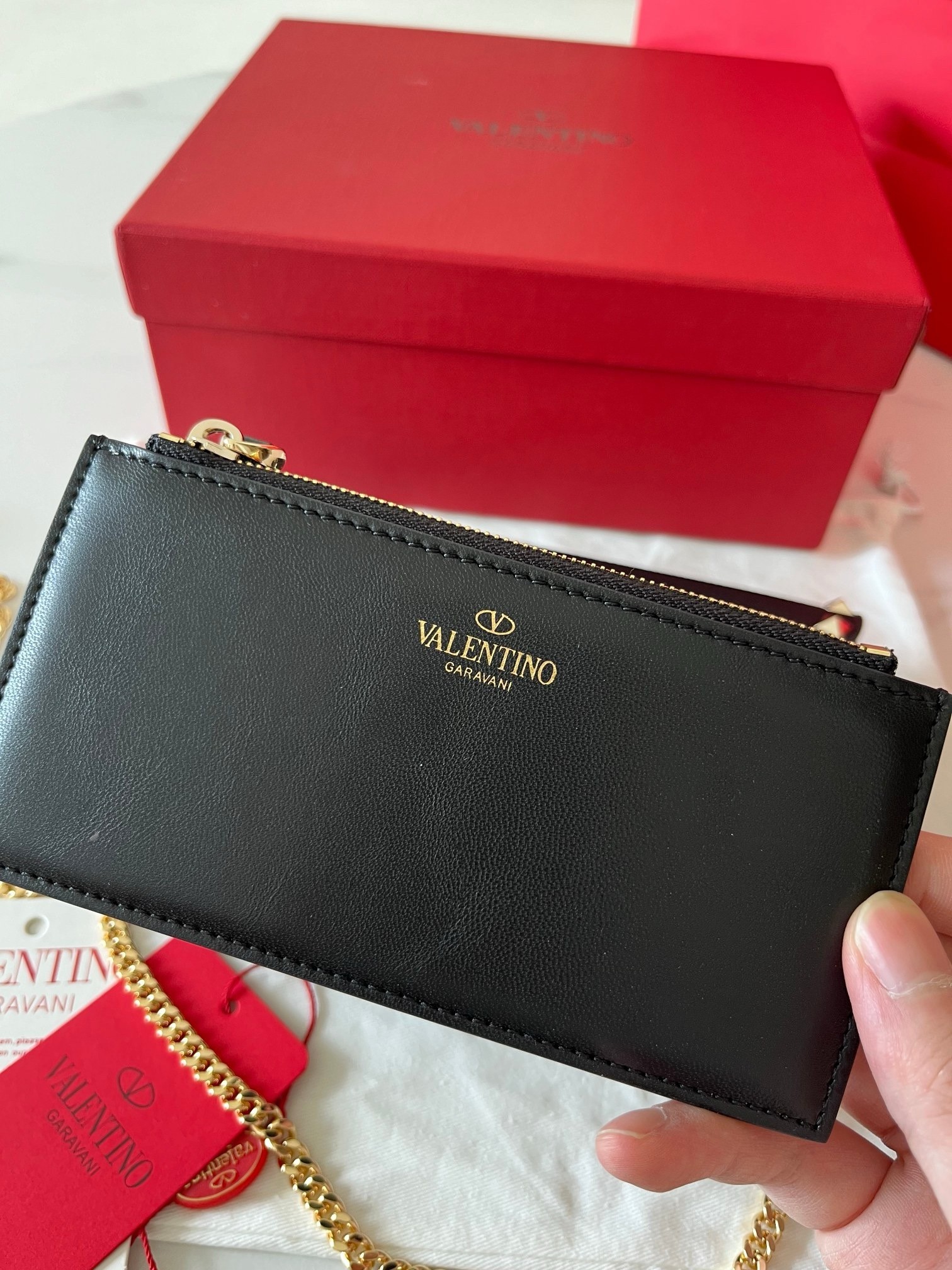 Valentino Rockstud Wallet with Chain in Black Grained Leather