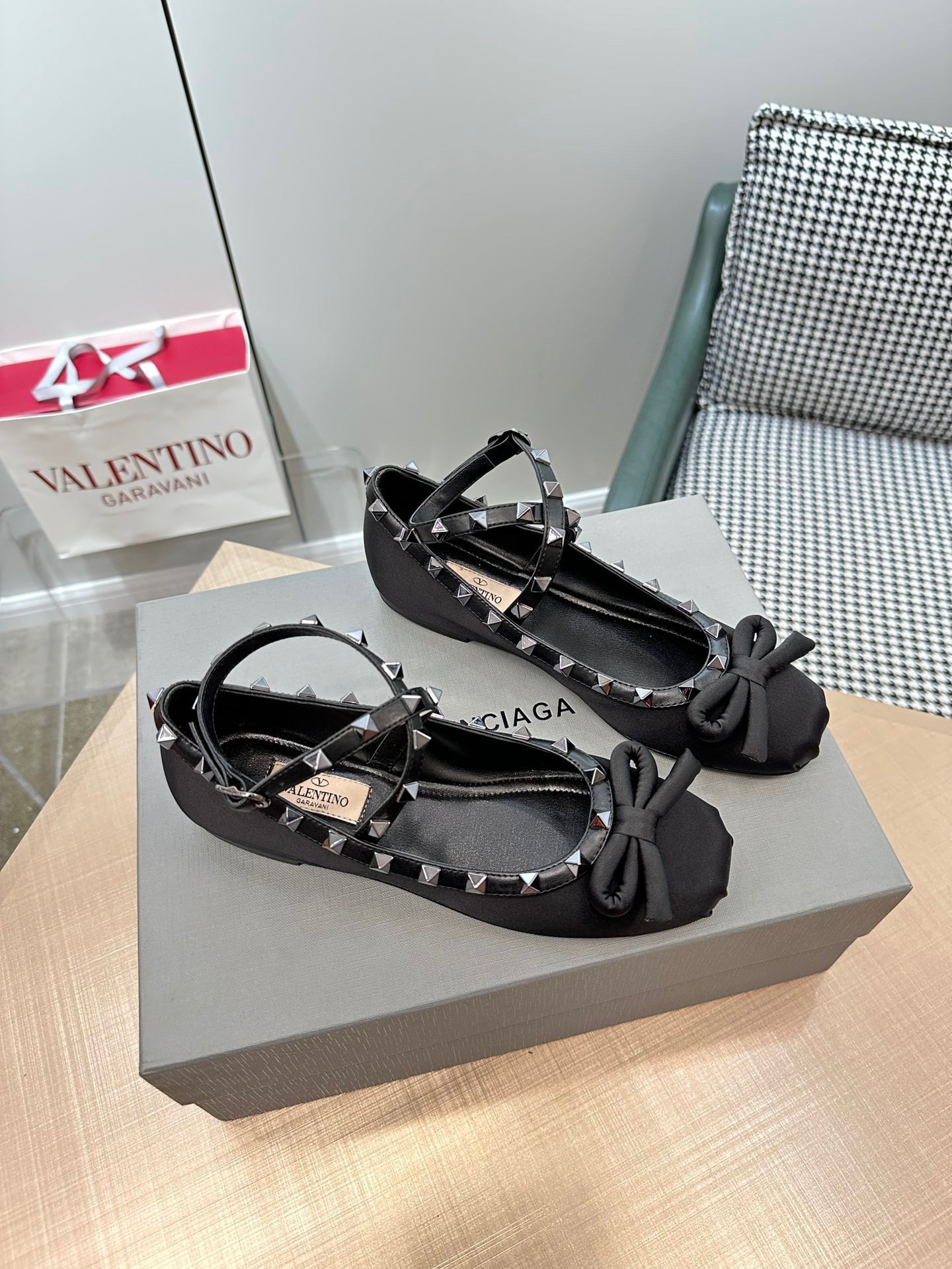 Valentino Rockstud Ballerina In Black Satin