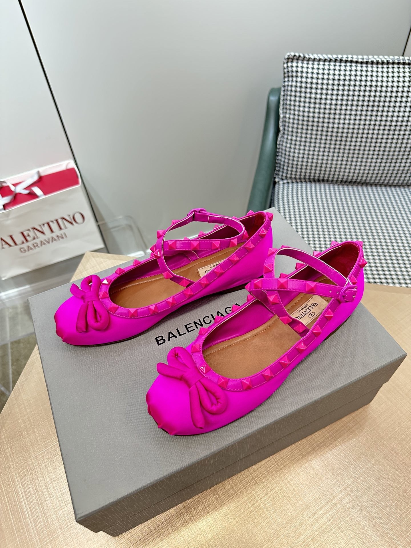 Valentino Rockstud Ballerina In Pink Satin