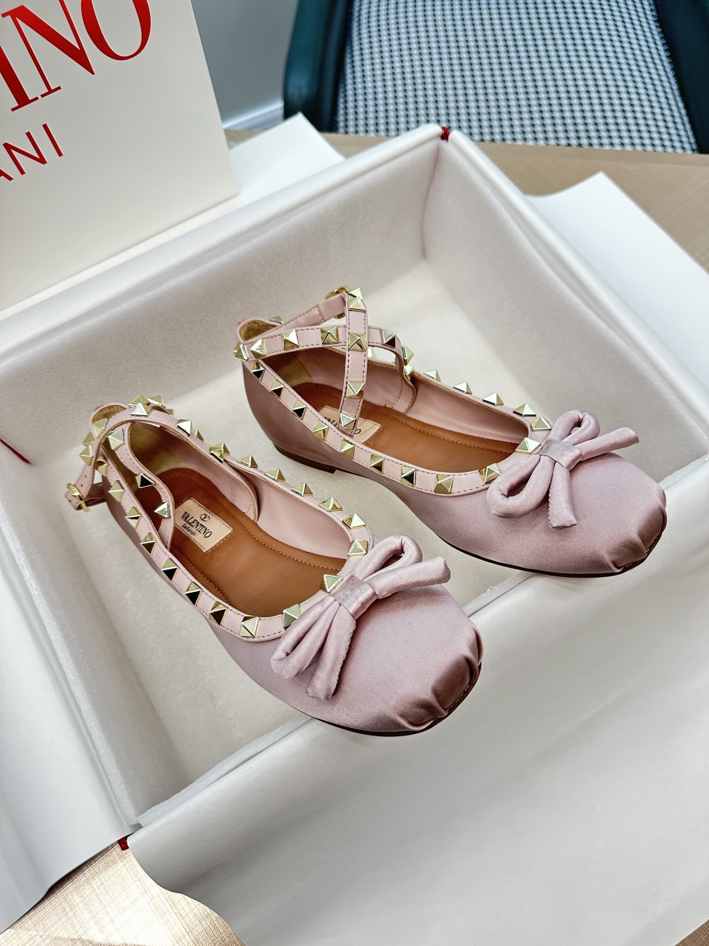 Valentino Rockstud Ballerina In Rose Cannelle Satin