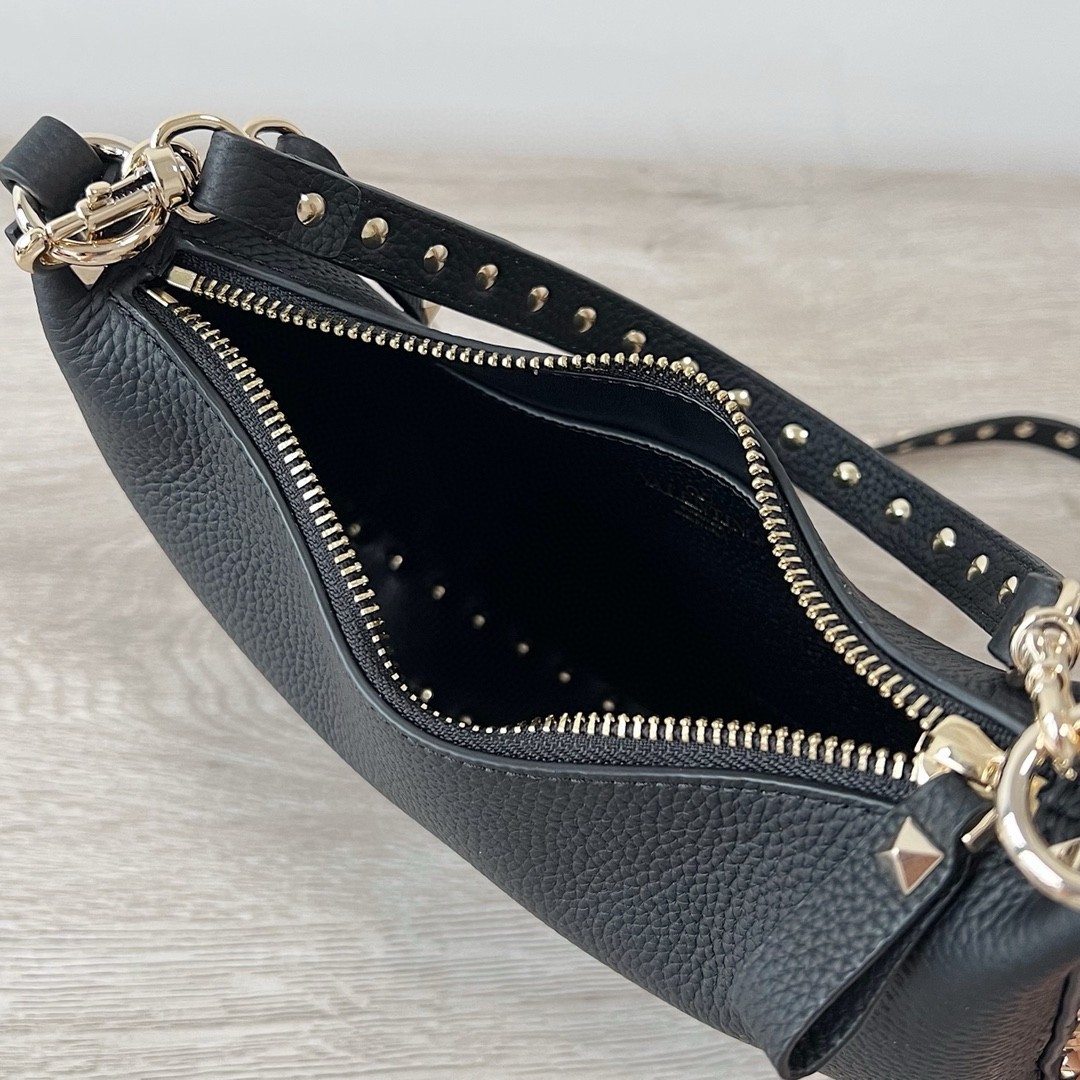 Valentino Rockstud Small Hobo Bag in Black Grainy Calfskin