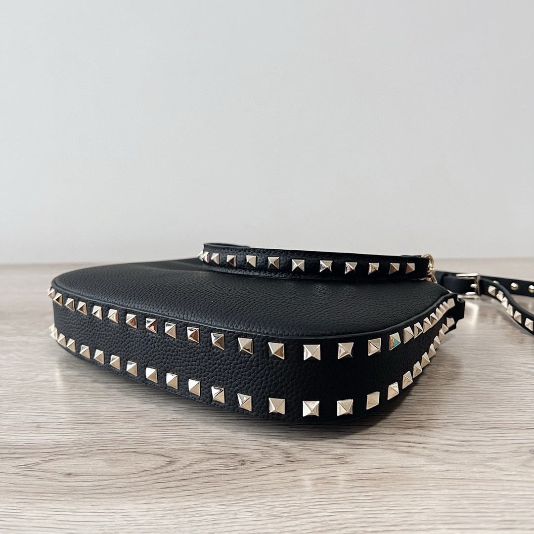 Valentino Rockstud Small Hobo Bag in Black Grainy Calfskin