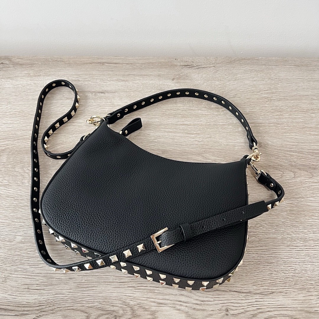 Valentino Rockstud Small Hobo Bag in Black Grainy Calfskin