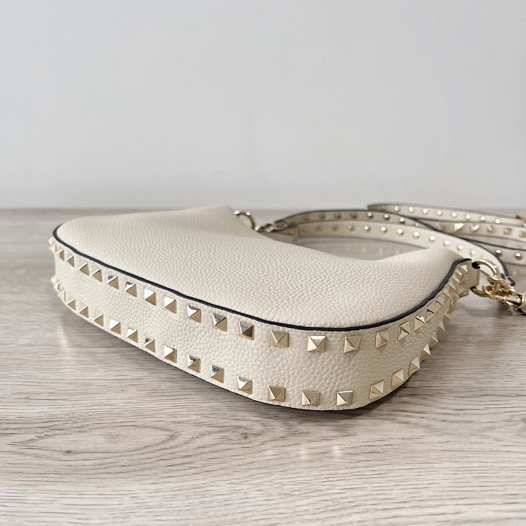 Valentino Rockstud Small Hobo Bag in White Grainy Calfskin