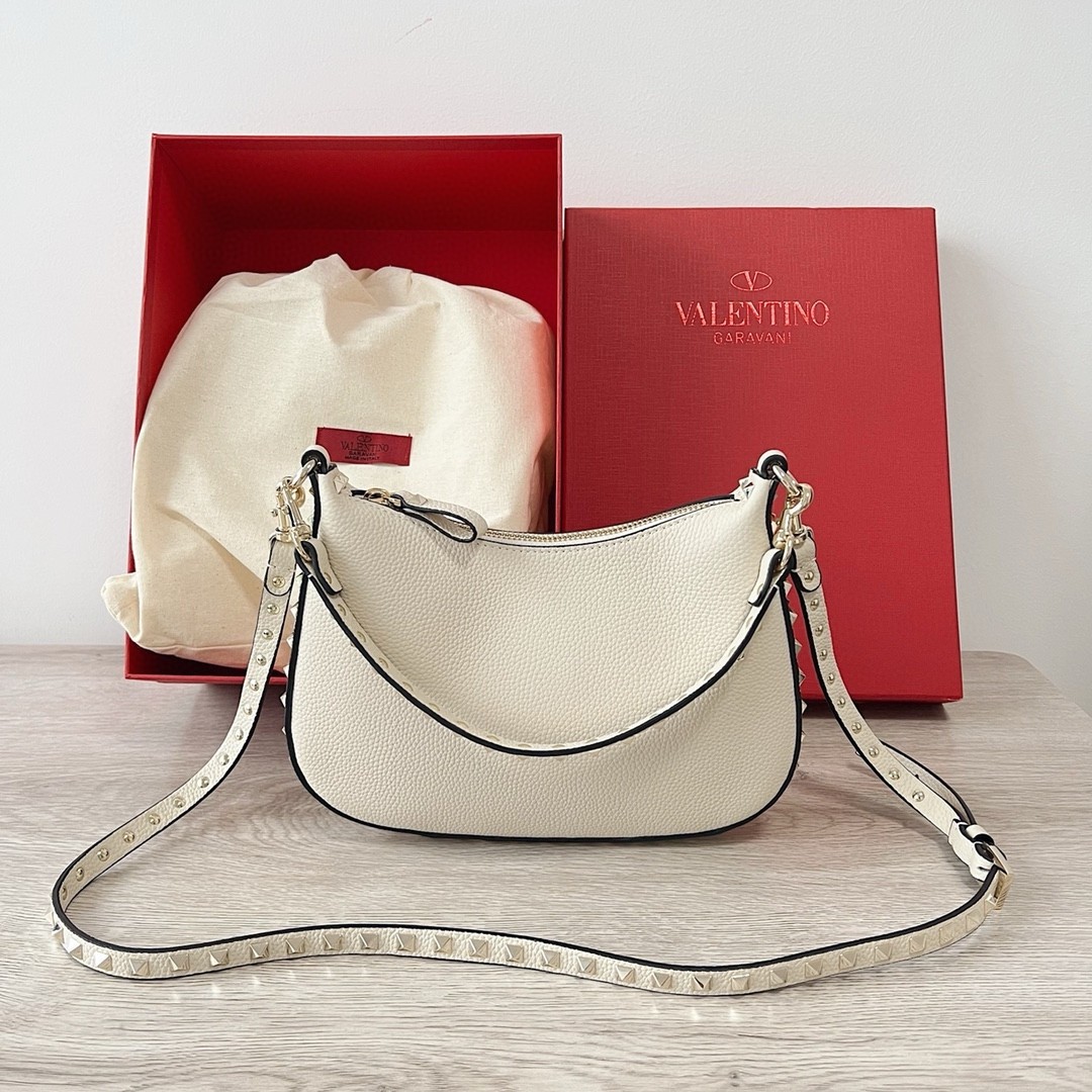 Valentino Rockstud Small Hobo Bag in White Grainy Calfskin