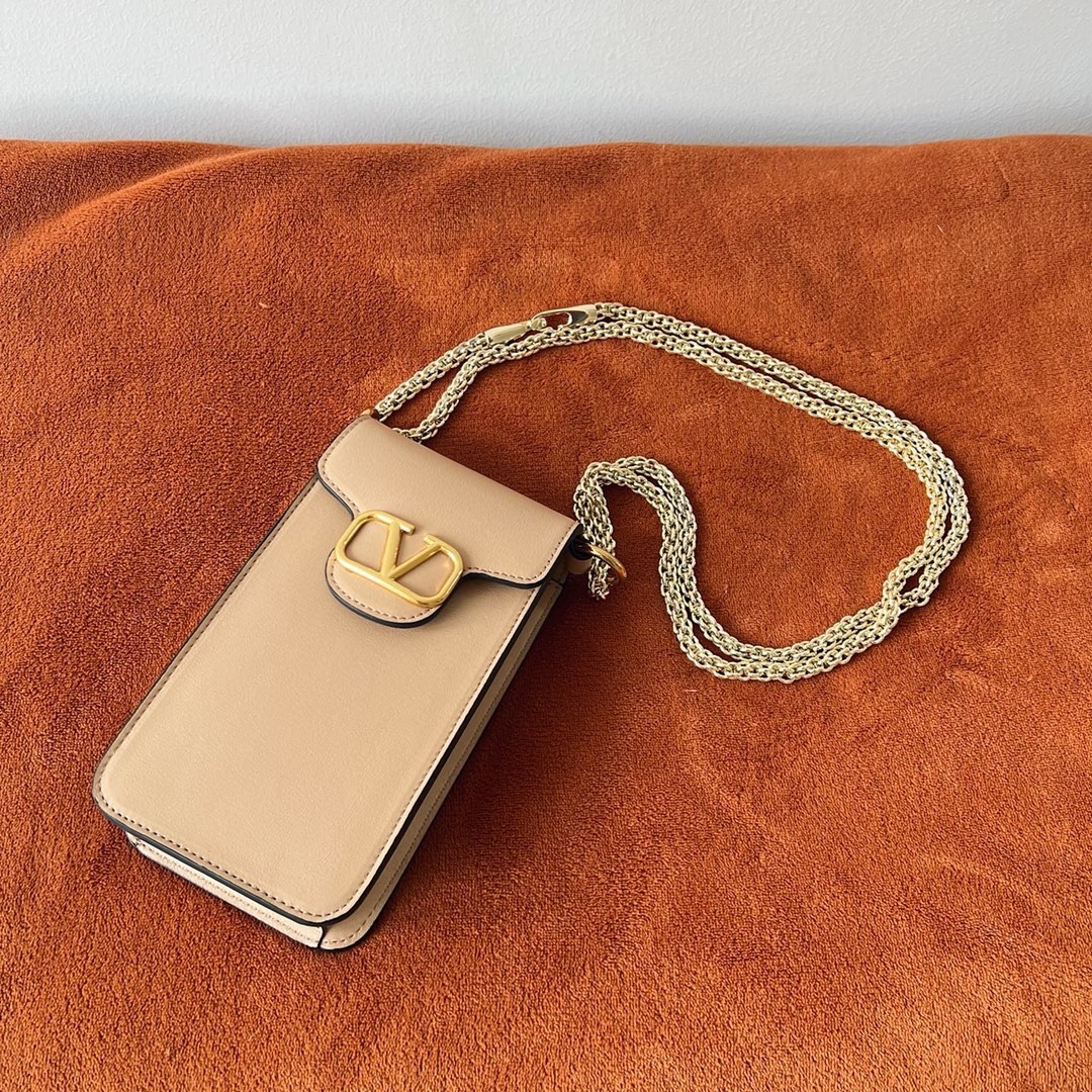 Valentino Loco Phone Case in Beige Leather with Chain