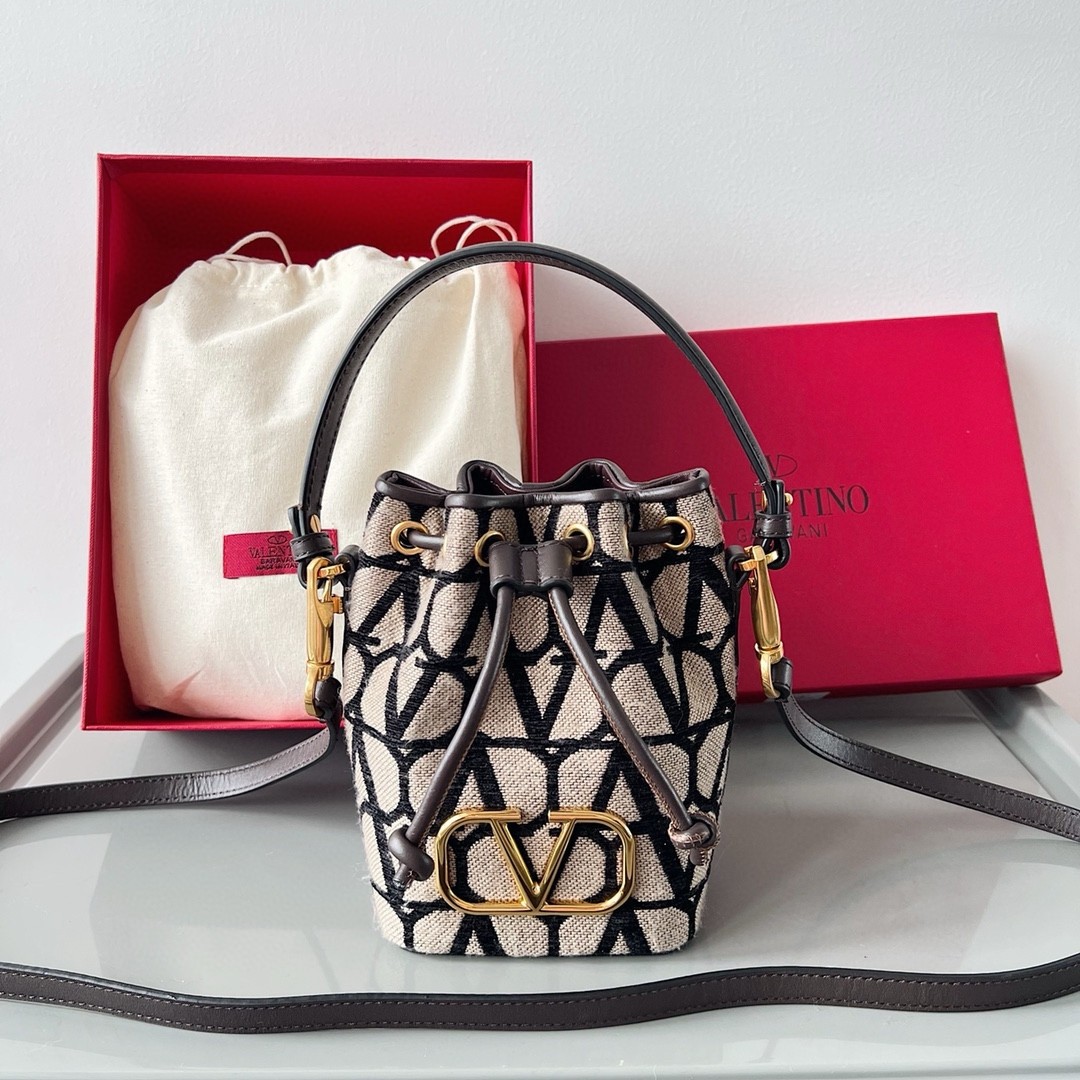 Valentino VLogo Signature Mini Bucket Bag in Black Toile Iconographe