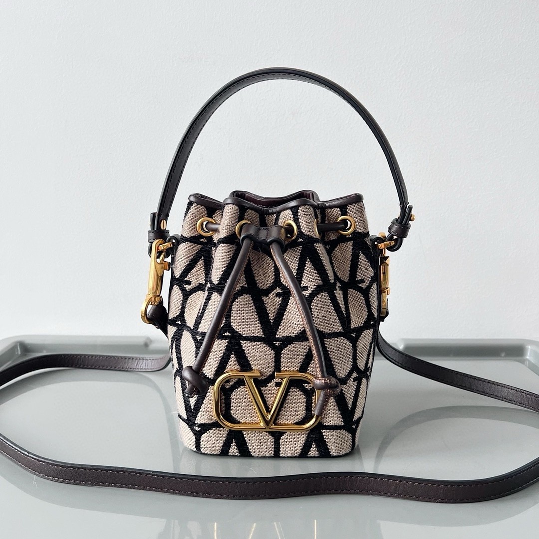 Valentino VLogo Signature Mini Bucket Bag in Black Toile Iconographe