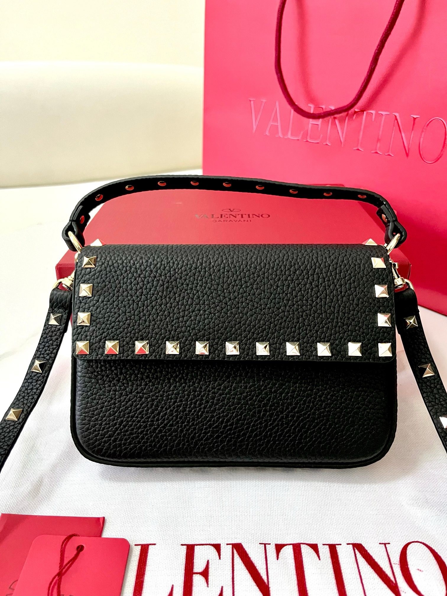 Valentino Rockstud Pouch Bag in Black Grained Leather