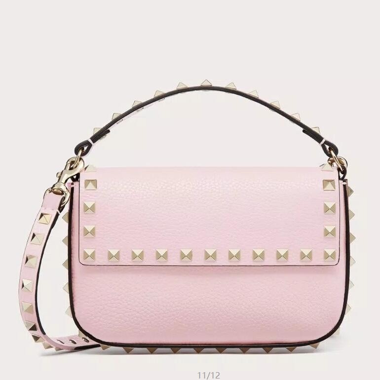 Valentino Rockstud Pouch Bag in Pink Grained Leather