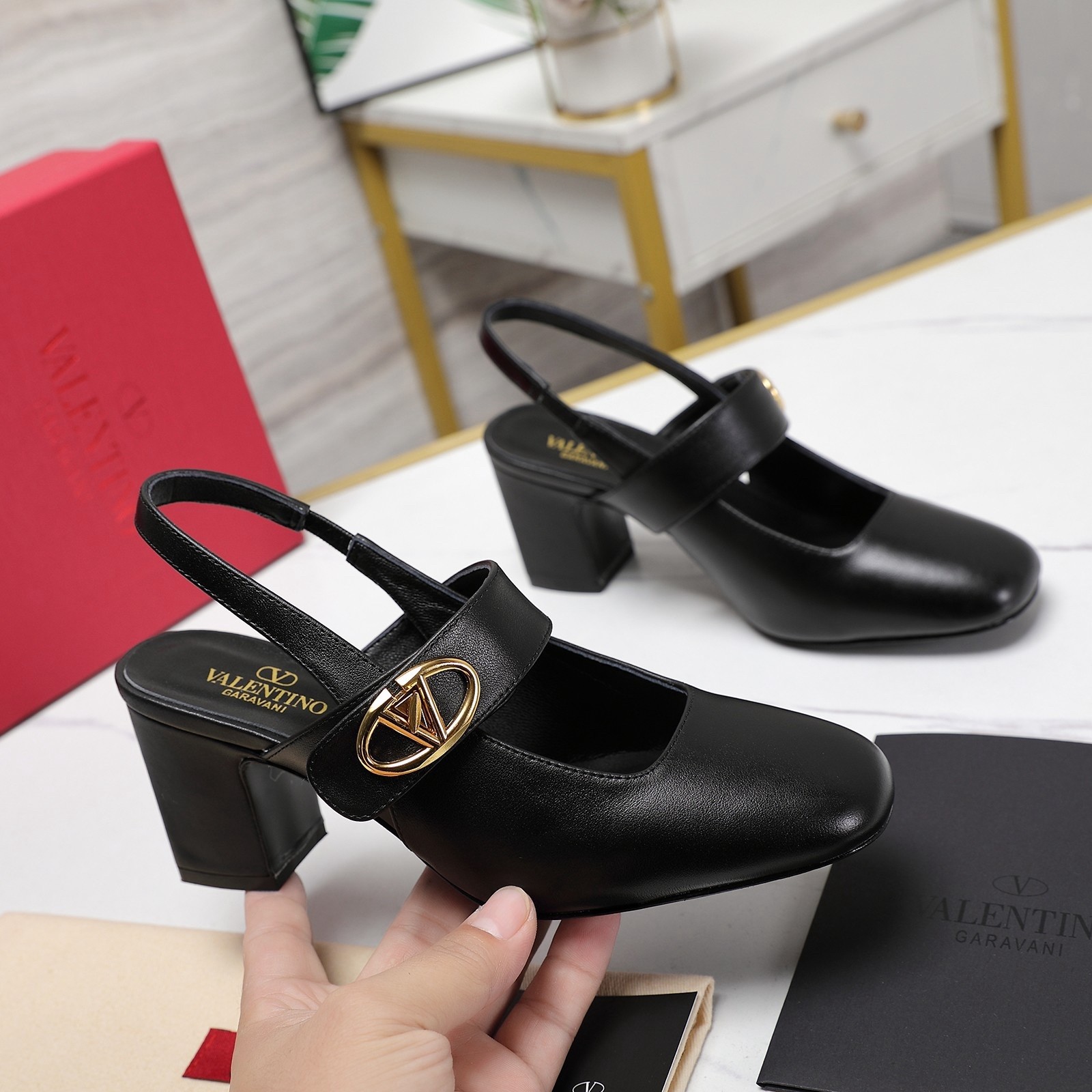 Valentino VLogo Locker Mary-Jane Slingback Pumps 60mm in Black Calfskin